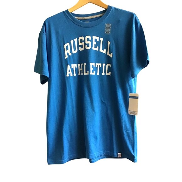 RUSSELL ATHLETIC -MENS BLUE SHORT SLEEVE 100% COTTON GRAPHIC T-SHIRT SIZE MEDIUM - Picture 1 of 6